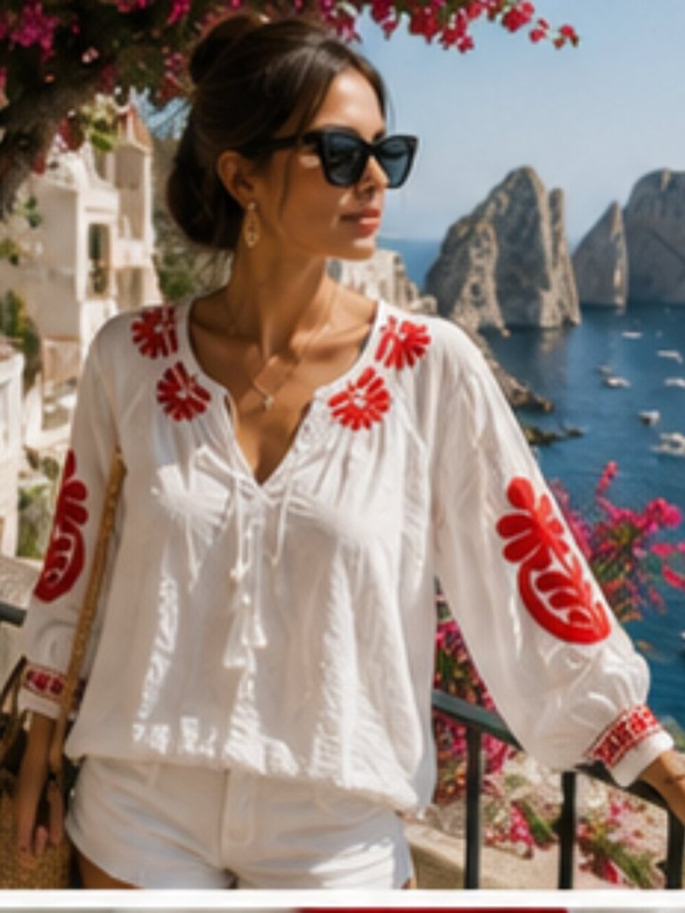 Madewell Embroidered Cotton Capri Blouse XXS White Red Mediterranean Top